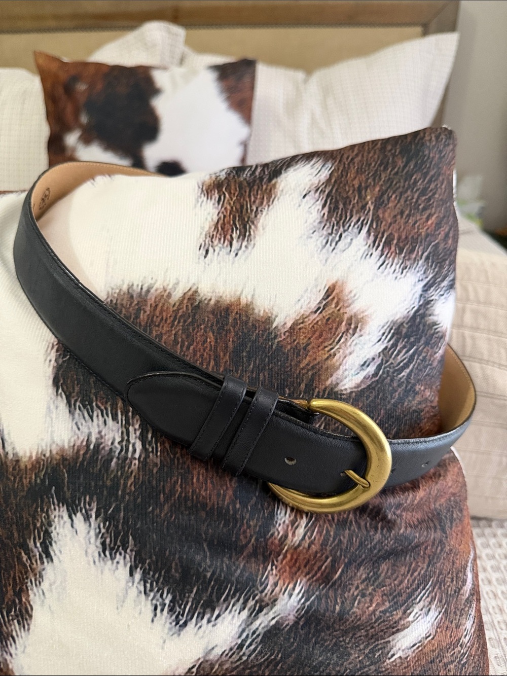 Lands' End Black Leather Belt with Gold Oval Buckle
